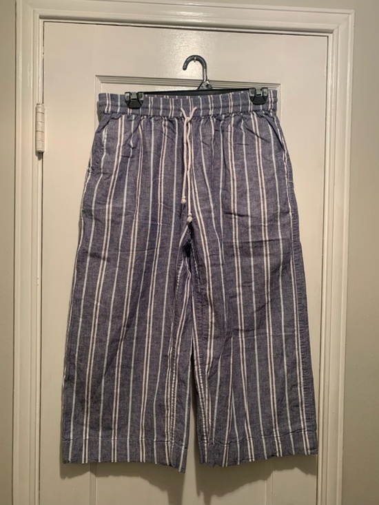beachlunchlounge Pants - beachlunchlounge Blue and White Striped Wide Leg Linen Cotton Blend Crop Pants S